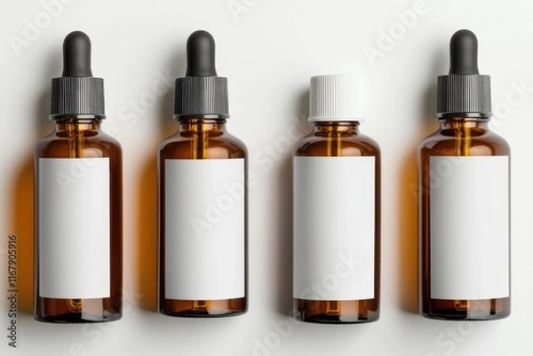 Fototapeta Bottles of essential oils arranged on a clean surface showcasing unique designs and colors