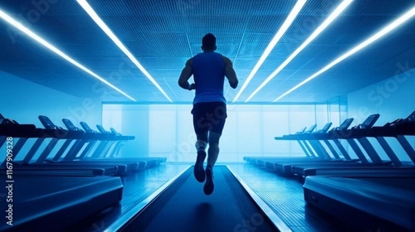 Fototapeta A lone male runner training intensely on a treadmill in a modern gym illuminated with cool blue lighting, emphasizing motivation and fitness in a vibrant atmosphere.