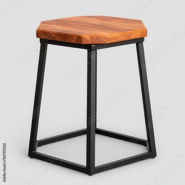Fototapeta Modern Hexagonal Wooden Stool with Metal Frame for Contemporary Decor