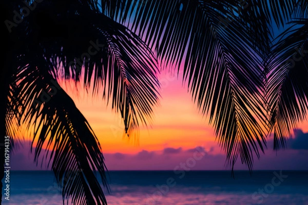 Obraz Tropical Sunset View Framed By Silhouetted Palm Leaves Against A Vibrant Sky Over The Ocean Horizon. Generative AI