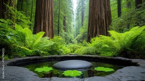 Fototapeta Serene forest pond with lush ferns and towering redwood trees