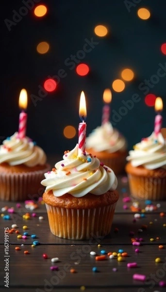 Fototapeta Delicious birthday cupcake on wooden table with candles lit, celebration, table