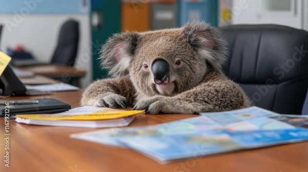 Obraz Office koala: adorable animal enjoying desk life in a modern workspace