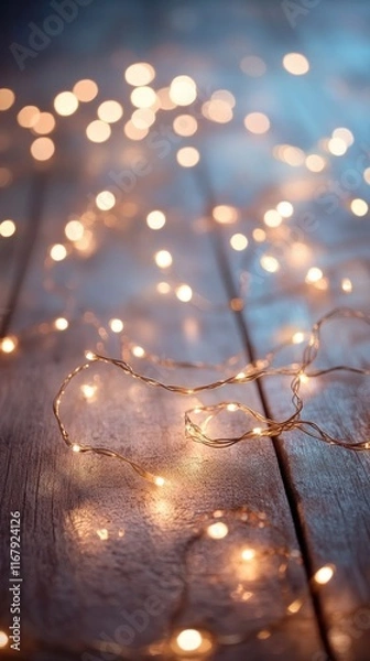 Fototapeta Glowing fairy lights strung together in a garland or string forming a magical and festive backdrop with a warm twinkling bokeh effect  This image evokes a cozy romantic and celebratory mood