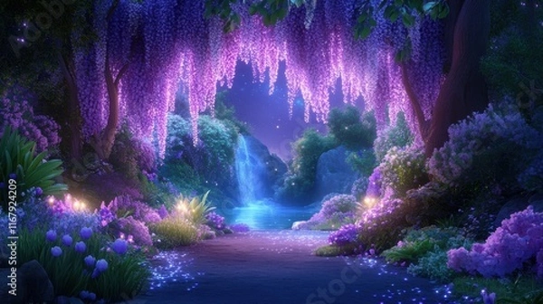 Obraz Enchanting night garden with illuminated wisteria and waterfall