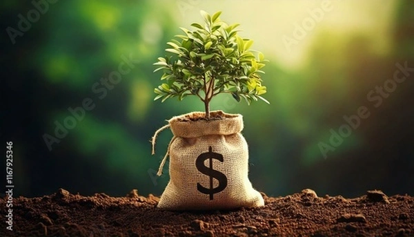 Fototapeta ドルのマークが書かれた袋から成長している苗木 投資の実りを表す