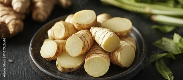 Fototapeta Close up view of freshly harvested ginger root pieces arranged on a dark background with copy space