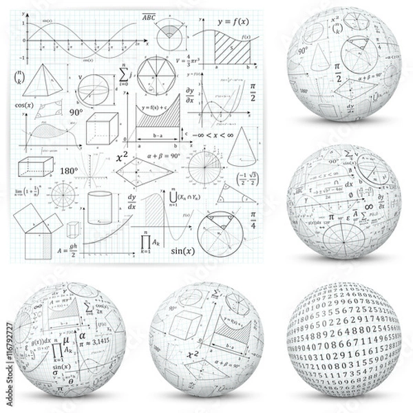 Obraz Matematyczne i naukowe symbole matematyczne formuły i ikony - płaski i teksturowany projekt kuli 3D.