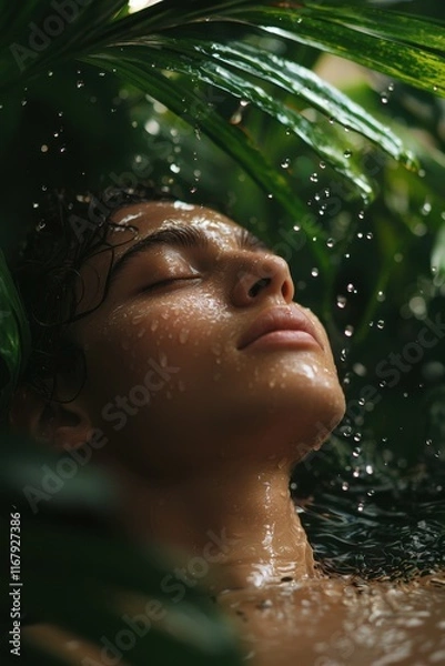 Obraz Serene moment of a person embracing nature amidst water droplets in a lush green setting