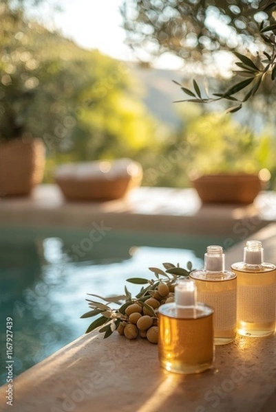Obraz Relaxing afternoon by the poolside with natural oils and olive branches