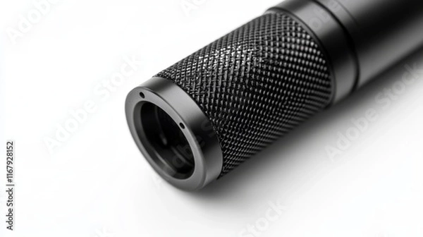 Fototapeta 9.A detailed shot of a shotgun microphone, isolated on a white background. The microphoneâ€™s matte black body and silver mesh head are captured in sharp focus, emphasizing the fine texture and