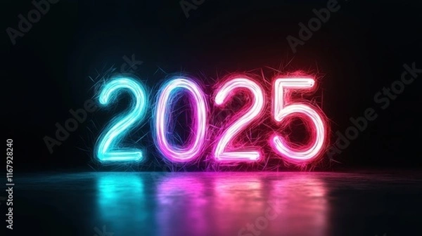 Fototapeta Glowing Silhouetted Numbers 2025 with Faint Light Against a Dark Background for New Year Celebrations