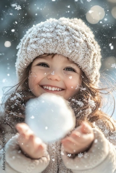 Obraz Happy child playing with snow outdoors in winter, smiling while throwing a snowball