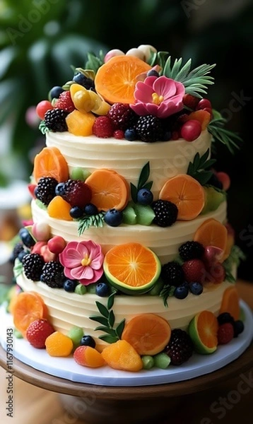 Obraz Three-tiered fruit cake with berries, citrus, and flowers.
