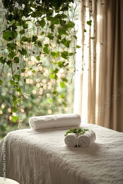 Obraz Relaxing spa atmosphere with nature elements, towels and soft lighting creating a serene environment