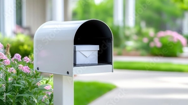 Fototapeta White mailbox with parcel surrounded by lush greenery in suburban setting