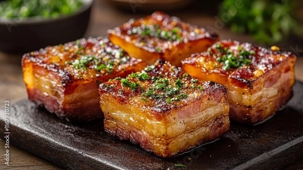 Fototapeta Crispy bacon cubes on plate