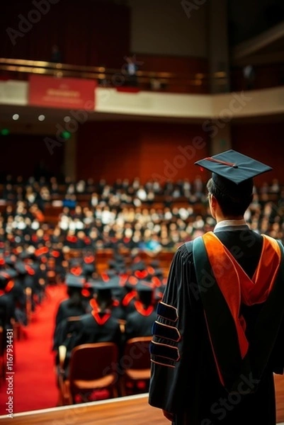 Fototapeta Graduate in cap and gown, facing audience at ceremony.