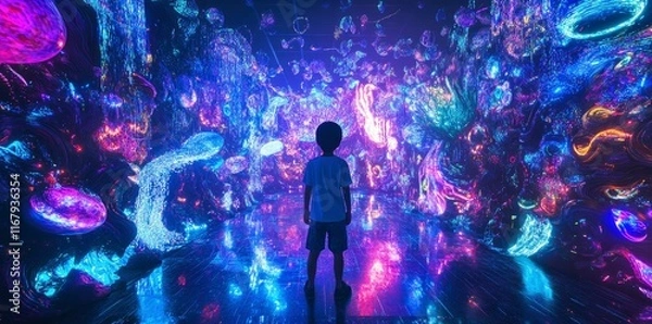 Fototapeta A boy stands in the center of an immersive art installation, surrounded by glowing digital lights