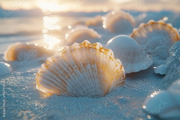 Obraz Close-up of Beautiful Seashells on a Shore with Soft Sunset Light