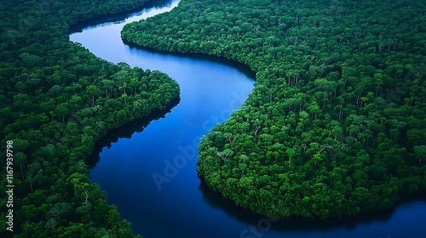 Fototapeta Amazon Rainforest River Aerial View: Lush Green Canopy and Winding Waterways