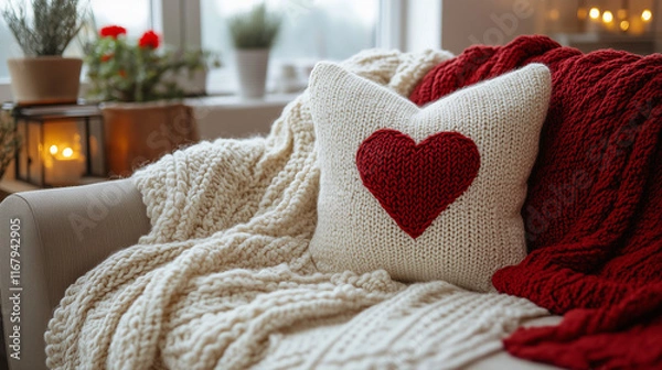 Obraz A cozy blanket on a couch with a throw pillow featuring a heart design.