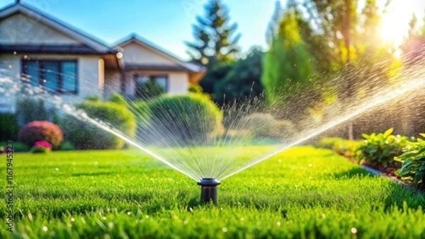 Fototapeta Automatic irrigation system watering green grass in a home garden, irrigation, system, home garden