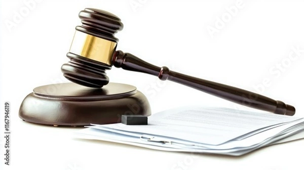 Fototapeta A gavel rests on a wooden block beside a stack of papers, symbolizing justice, law, and courtroom proceedings.