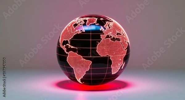 Fototapeta Red theme earth globe neon hologram on plain white background