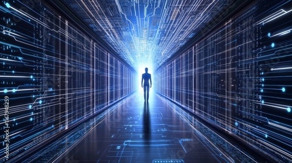 Fototapeta Illuminated Futuristic Corridor with Mechanical Silhouette - Ultra-Detailed Agentic AI Concept Artwork