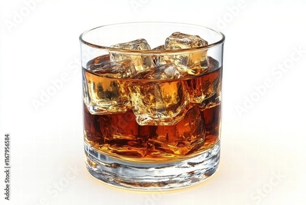 Fototapeta Glass of Whiskey with Ice Cubes on a White Background