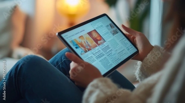 Fototapeta 19.A person reading an online news article on a tablet in the morning, with the screen showing a digital newspaper or magazine interface. The latest news is visible, and the persons happy expression