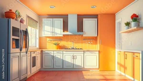 Fototapeta A brightly colored, empty modern kitchen interior in cartoon style, creating a vibrant and inviting scene perfect for a game background