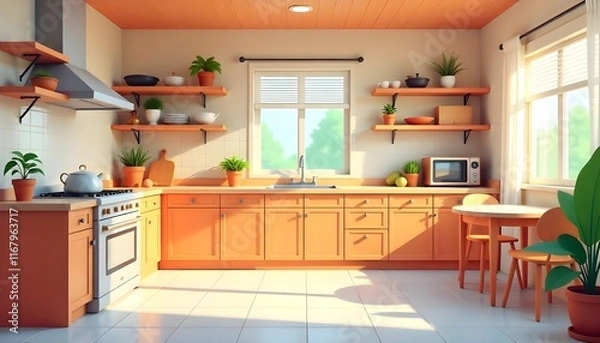 Fototapeta A brightly colored, empty modern kitchen interior in cartoon style, creating a vibrant and inviting scene perfect for a game background