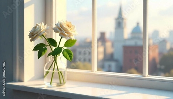Fototapeta White rose flower and window with sun light copy space blurred background, Pro 