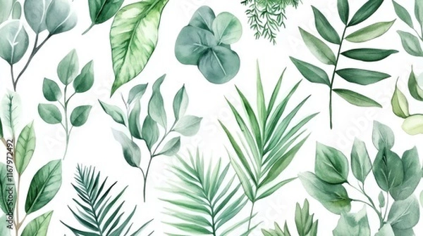 Fototapeta 94.A delicate, hand-drawn watercolor seamless pattern featuring various tropical plants such as eucalyptus, palm, and fern branches, along with lush green leaves and herbs. The natural foliage is