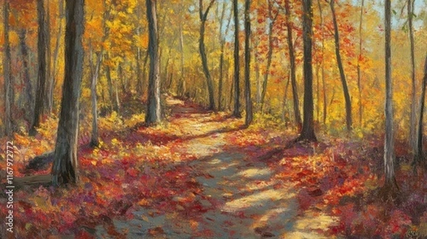 Fototapeta Sunlit autumn forest path, red and gold leaves, trees, sunlight, shadows, nature trail.