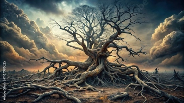 Fototapeta Dark abstract landscape with twisted tree roots and gnarled branches , decayed nature, natural disaster aftermath
