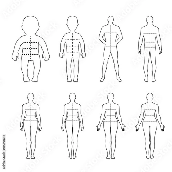 Fototapeta Full length front, back human outlined silhouette set with marke