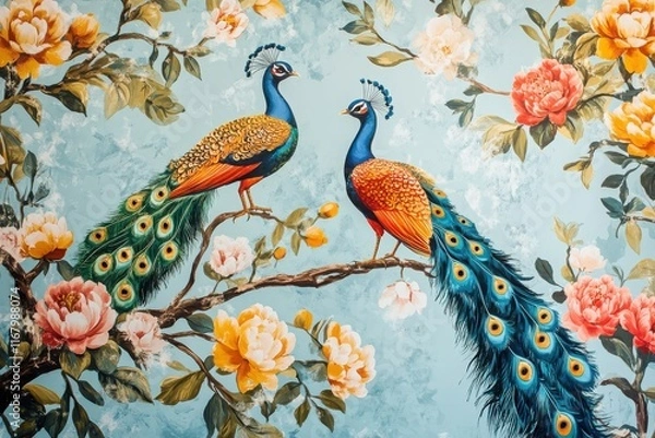 Obraz Hand-painted retro wallpaper showcasing colorful birds and majestic peacocks amid flourishing flowers and nature-inspired details. 