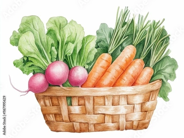 Fototapeta Whimsical watercolor of a woven basket filled with an assortment of fresh vegetables including carrots radishes and leafy greens  The vibrant natural colors and rustic style create a charming