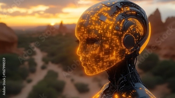Obraz Glowing android head against desert sunset.