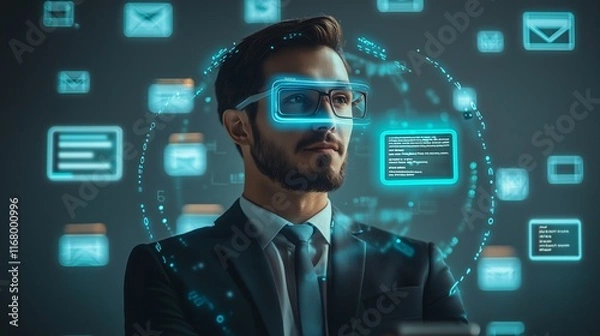 Fototapeta Business professional wearing futuristic smart glasses with holographic interfaces, representing AI-driven virtual assistant technology for enhanced productivity