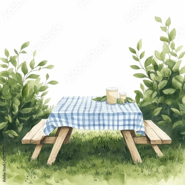 Fototapeta Whimsical watercolor of a wooden picnic table with a gingham tablecloth surrounded by a lush verdant natural setting of soft greenery and foliage  This tranquil rustic scene evokes a sense of cozy