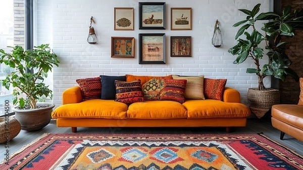 Obraz Wide angle of cozy modern living room with colorful sofa decor