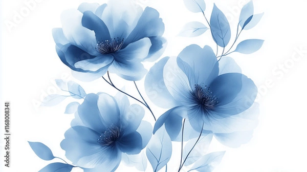 Fototapeta Watercolor Blue Flowers on White Background