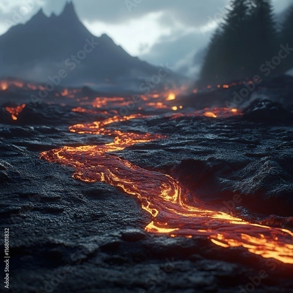 Fototapeta red lava flowing steadily over rough volcanic terrain.