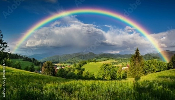 Fototapeta A vibrant rainbow arcing over a lush green countryside after a storm.