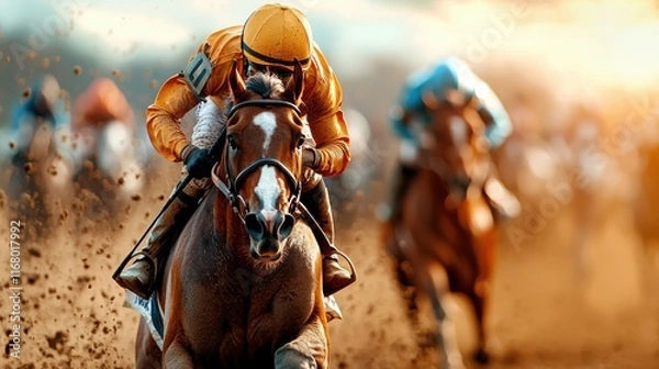 Fototapeta Horses Sprinting on Dirt Track in Vibrant Environment