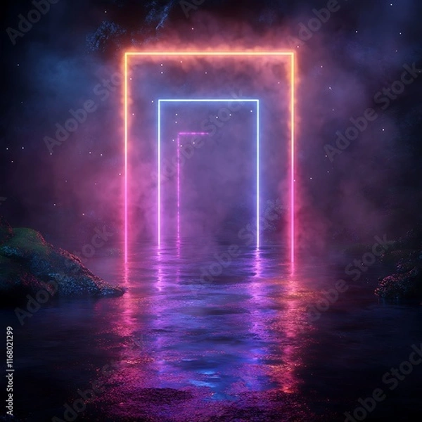 Fototapeta Transparent geometric wireframe structures surrounded by neon light in a 3D environment 